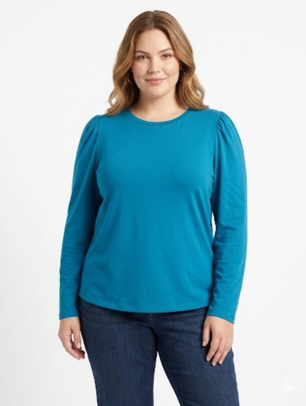 Lane Bryant Teal Blue Puff Shoulder Long Sleeve Top Crew Neck Plus Size 18/20